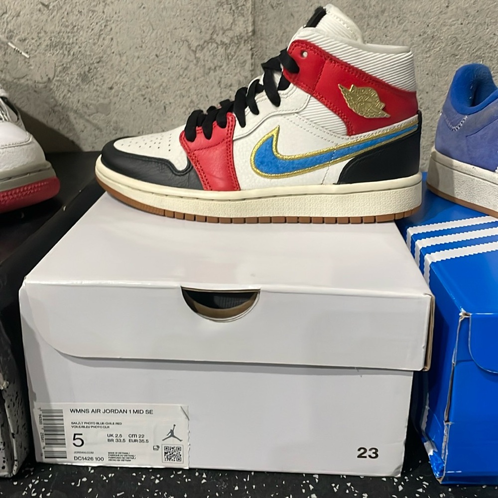 Jordan Kids High-Top Sneakers White/Red/Black with Blue Swoosh